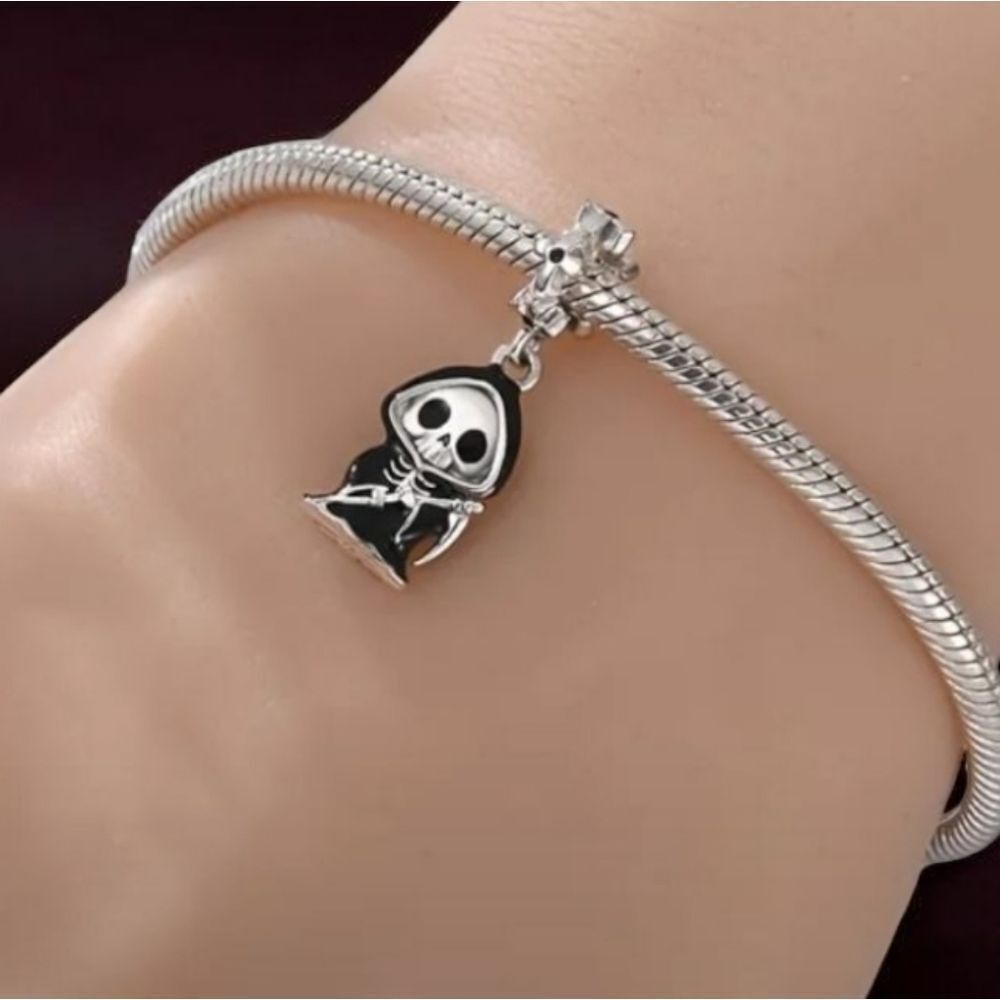 Grim Reaper Charm Black Silver Halloween Horror Dangle Bead Fit Pandora Bracelet
